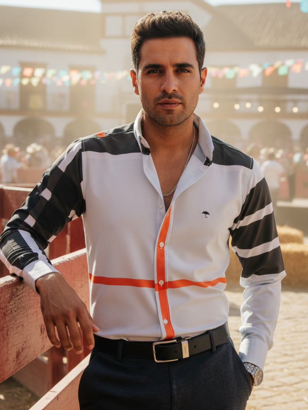 Camisa Hombre Casual Azul Claro Líneas Negro y Naranja