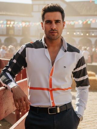 Camisa Hombre Casual Azul Claro Líneas Negro y Naranja