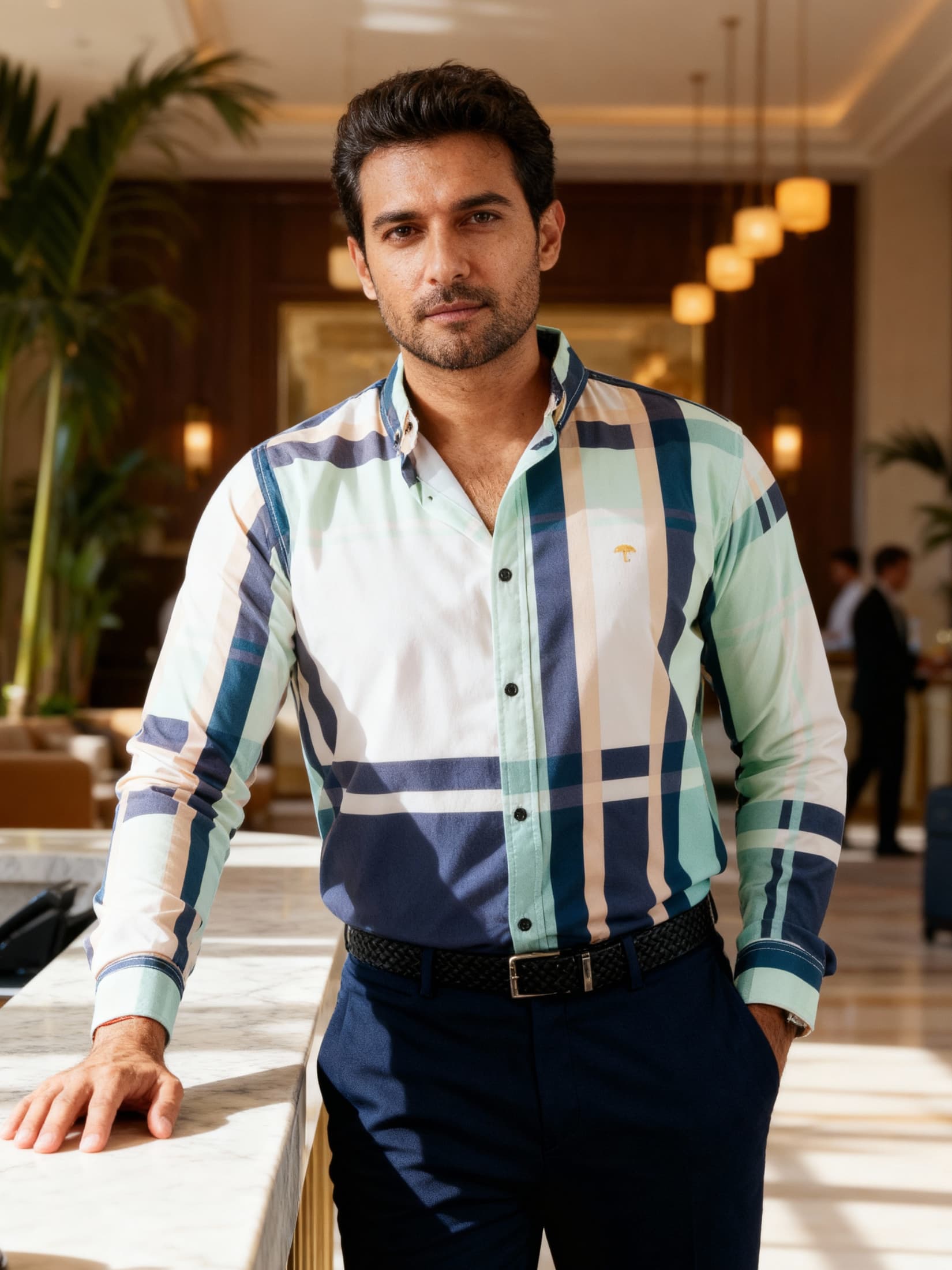 Camisa Hombre Casual Cuadro Azul Beige Verde