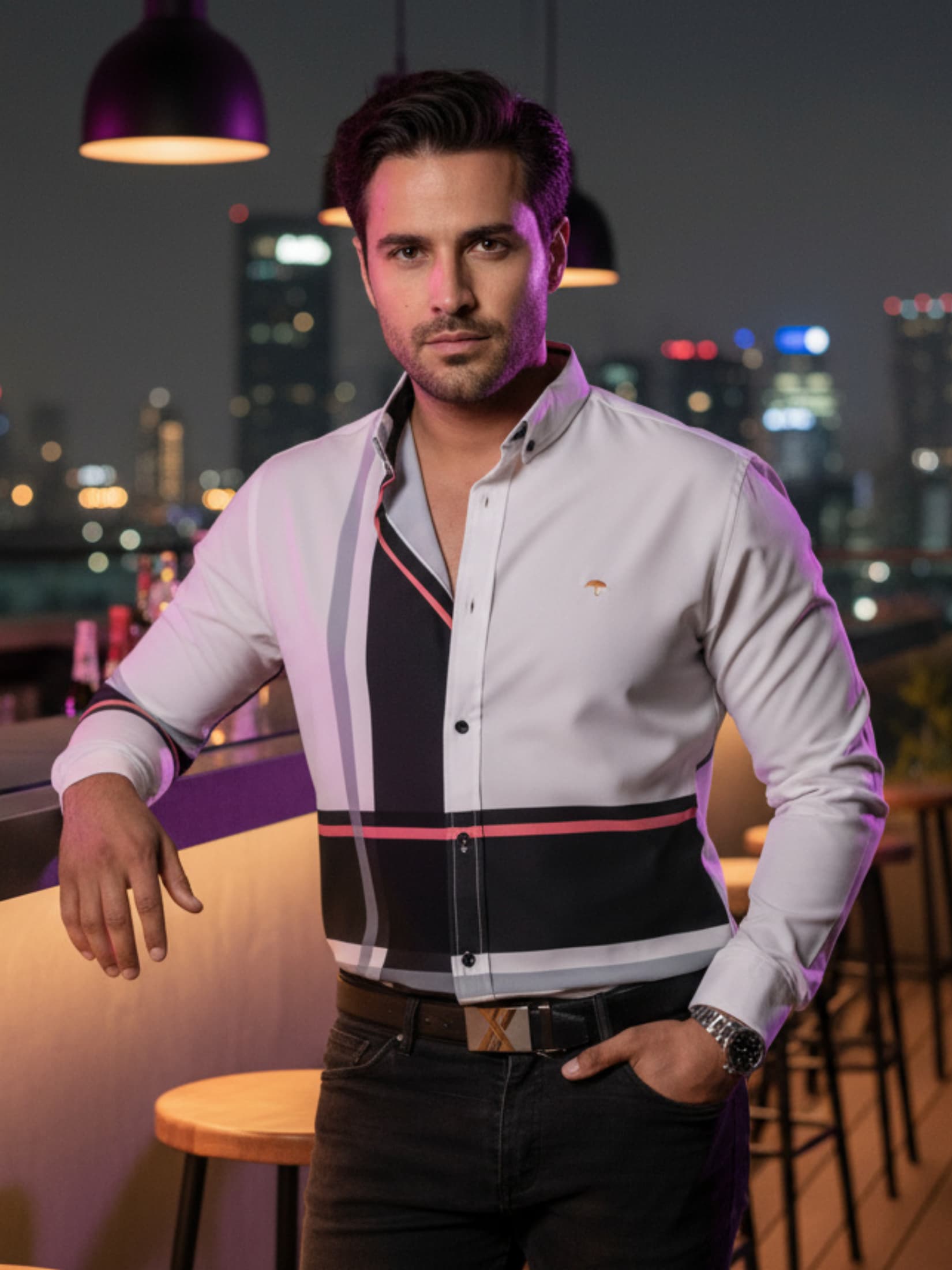 Camisa Hombre Casual Líneas Negra Gris y Rosa