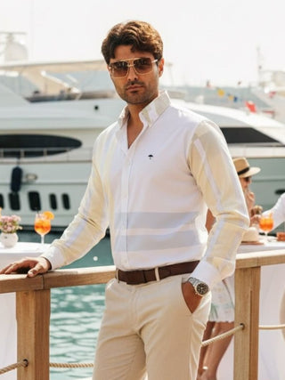 Camisa Hombre Casual Líneas Azul y Amarilla