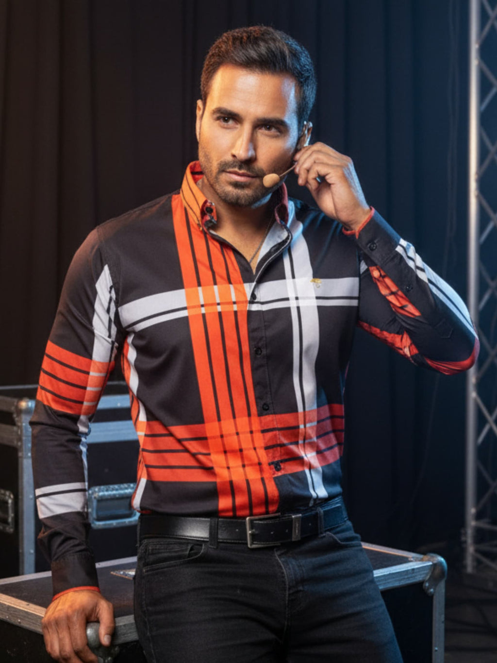 Camisa Casual Hombre, Negra Líneas Naranja Y Beige