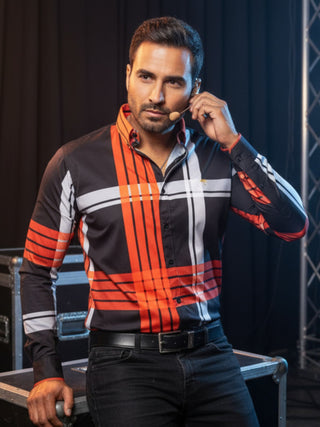 Camisa Casual Hombre, Negra Líneas Naranja Y Beige