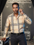 Camisa Casual Hombre Slim, Crema Líneas Roja,negra Y Blanca - 34 (S)-Tiendas Platino