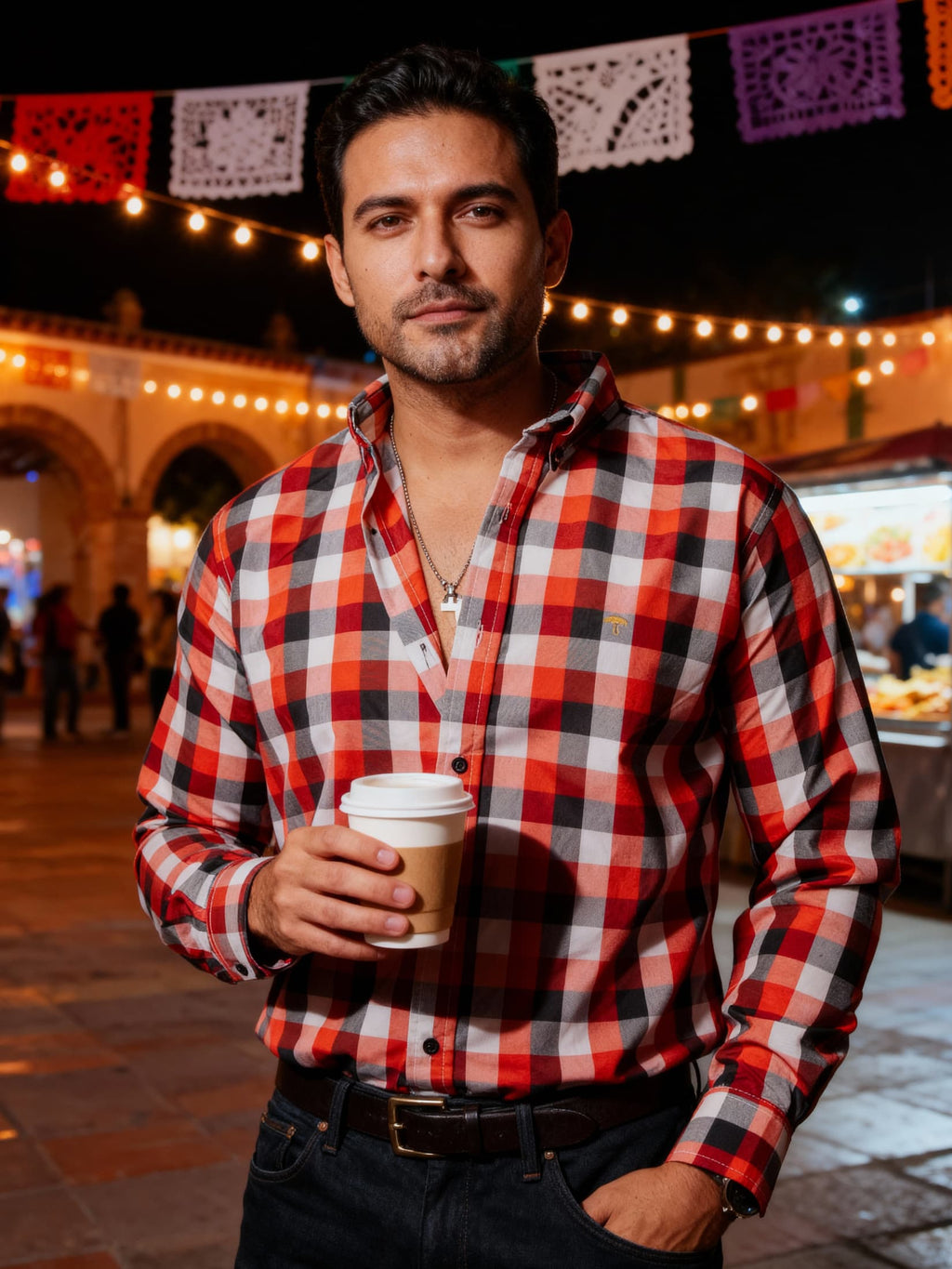 Camisa Casual Hombre Cuadros Rojo Blanco Y Negro