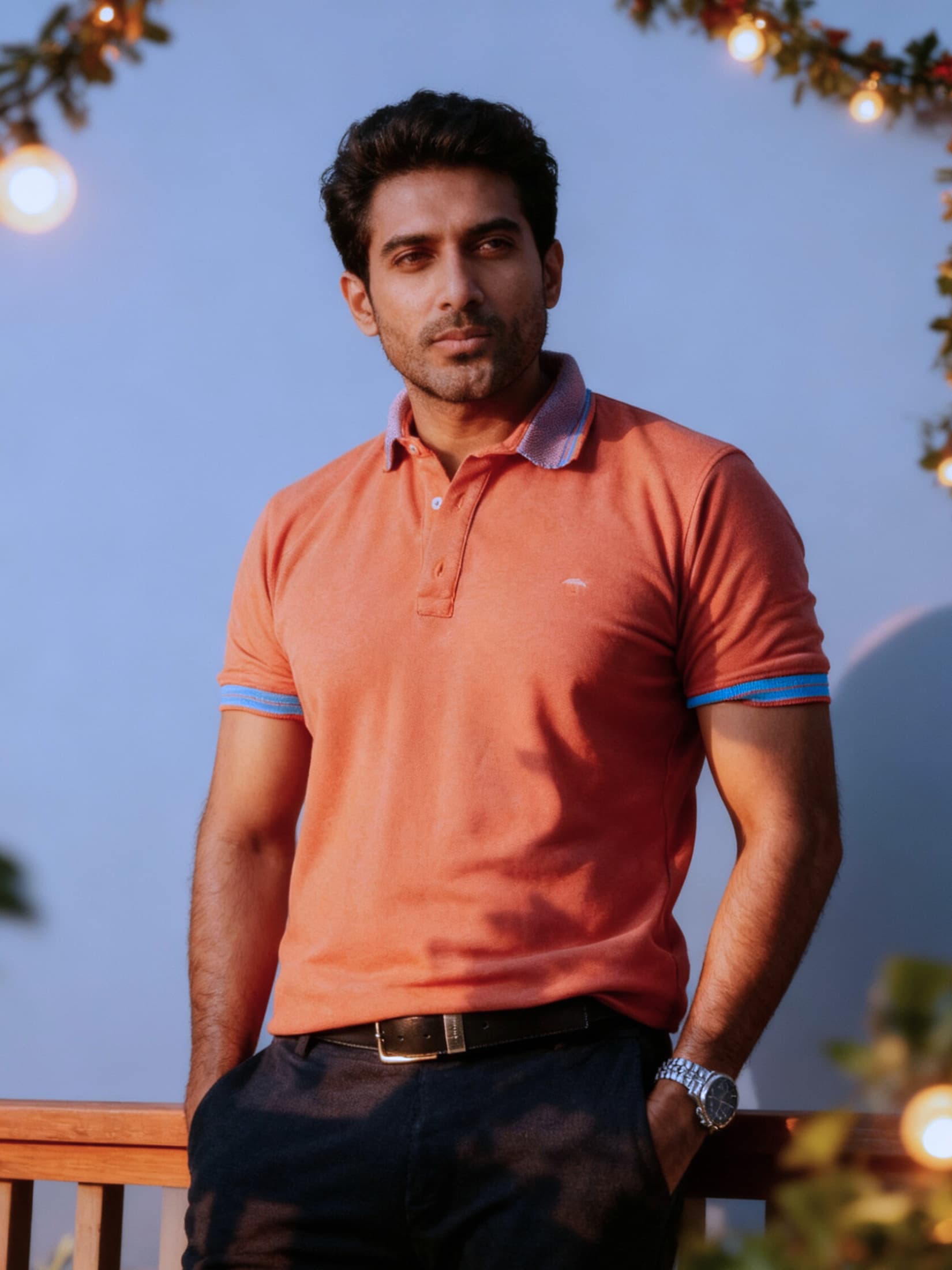 Playera Polo Hombre Slim Fit Salmón Coral Detalles Azul