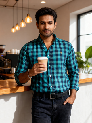 Camisa Hombre Casual Cuadros Azul Turquesa, Negros