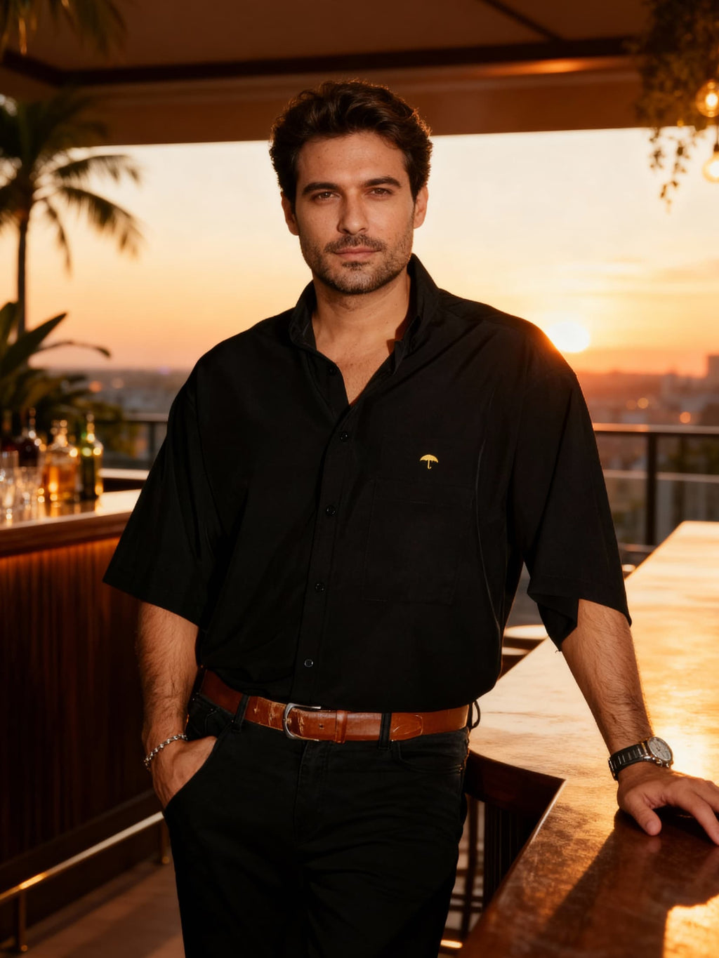 Camisa Hombre Casual Lisa Negro Oversize