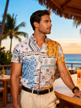 Camisa Hombre Casual Manga Corta Blanca Cuadros Azul