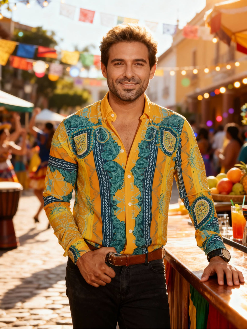 Camisa Hombre Casual Naranja Flores Amarillas Verdes y Azul