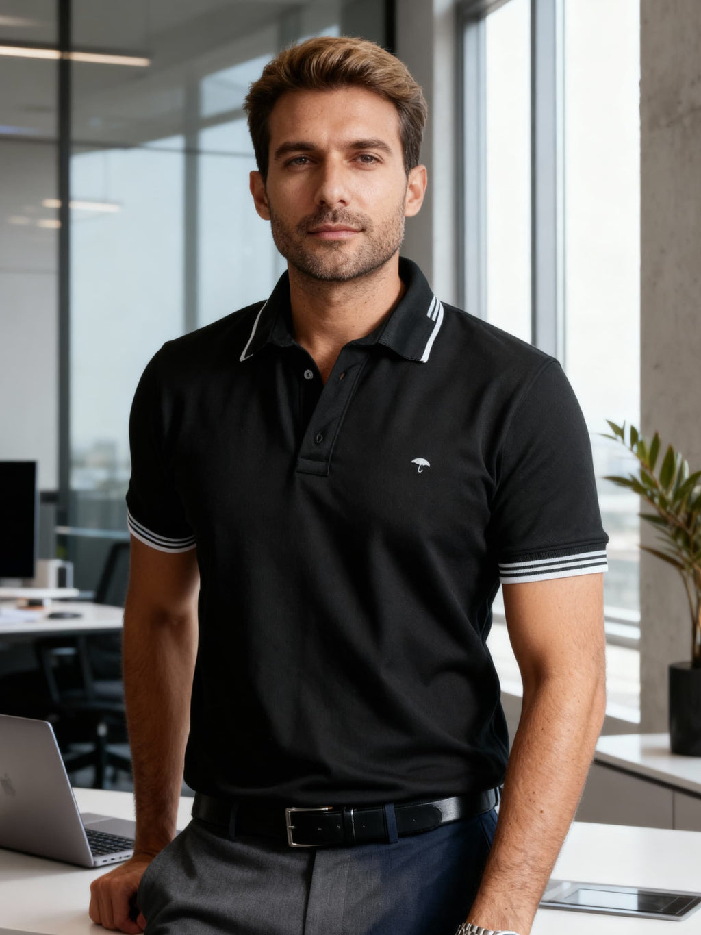 Playera Polo Hombre Slim Fit Negra Detalle Líneas Blancas