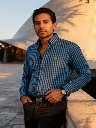 Camisa Hombre Casual Mini Cuadros Azul Rey y Negro