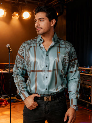 Camisa Hombre Casual Verde Pistache Grecas Café