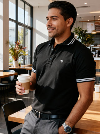 Playera Polo Hombre Slim Fit Negra Detalles Gris y Blanco