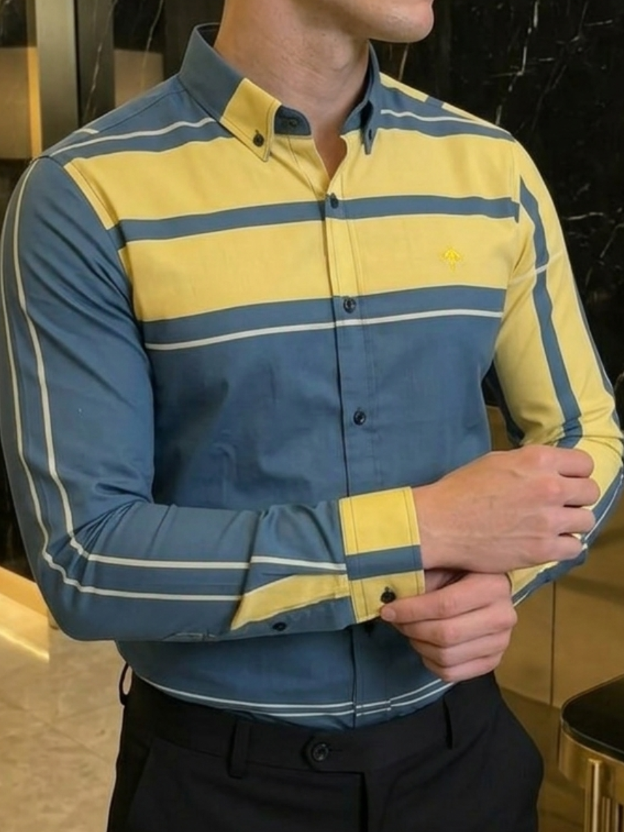 Camisa Hombre Casual Azul Franjas Amarillas