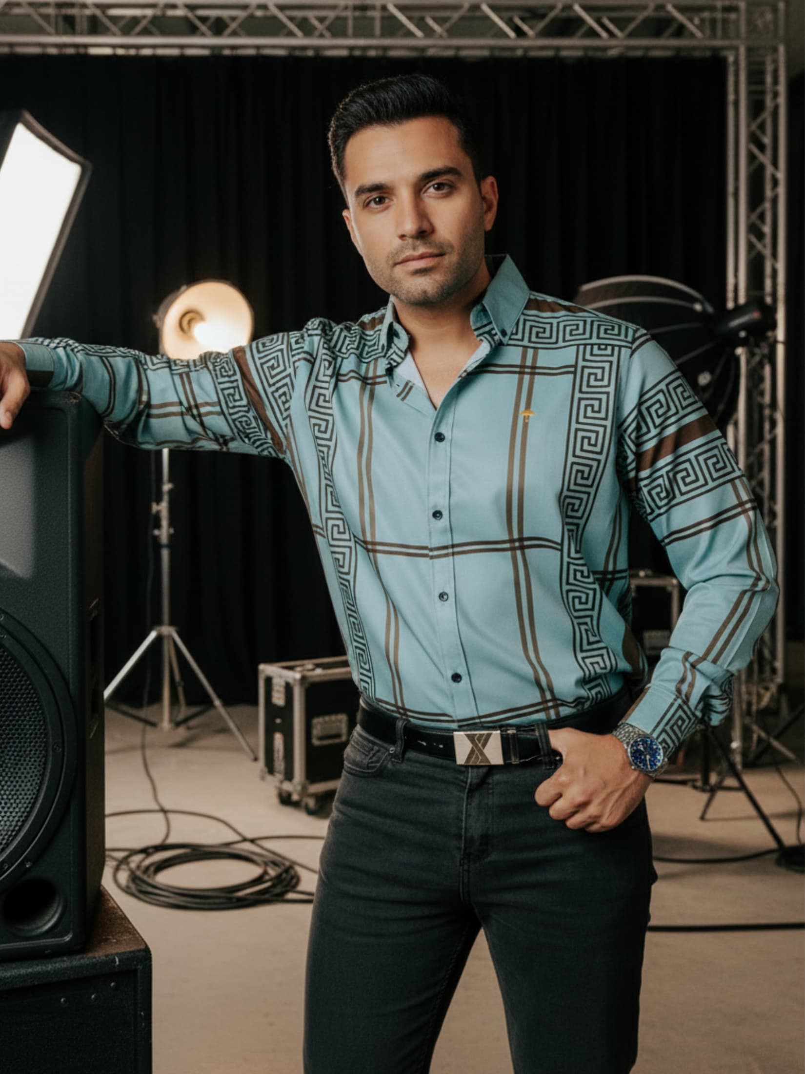 Camisa Hombre Casual Verde Pistache Grecas Café