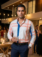 Camisa Hombre Casual Blanco Franjas Azul y Melón