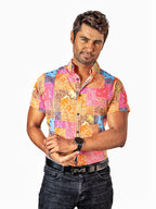 Camisa Hombre Casual Manga Corta Cuadros Naranjas Rosas Floreada Bandana
