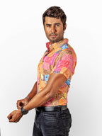 Camisa Hombre Casual Manga Corta Cuadros Naranjas Rosas Floreada Bandana