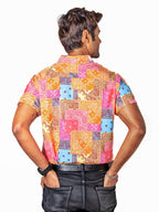 Camisa Hombre Casual Manga Corta Cuadros Naranjas Rosas Floreada Bandana