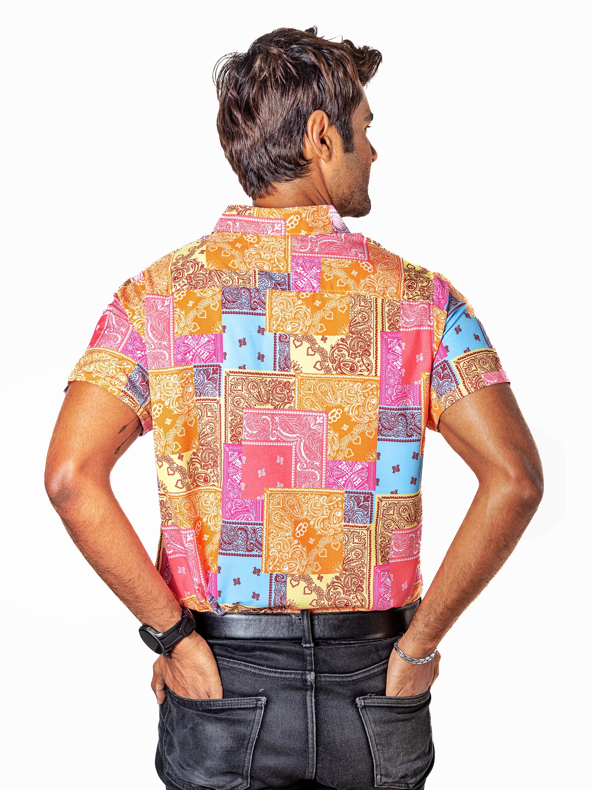Men's Casual Short-Sleeved Shirt with Orange and Pink Plaid and Floral Bandana