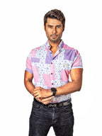 Men's Casual Short-Sleeved White Shirt with Pink Plaid Bandanas