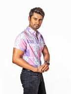 Men's Casual Short-Sleeved White Shirt with Pink Plaid Bandanas
