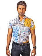 Men's Casual Short-Sleeved White Blue Plaid Shirt