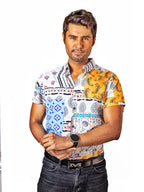 Men's Casual Short-Sleeved White Blue Plaid Shirt