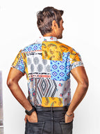 Men's Casual Short-Sleeved White Blue Plaid Shirt