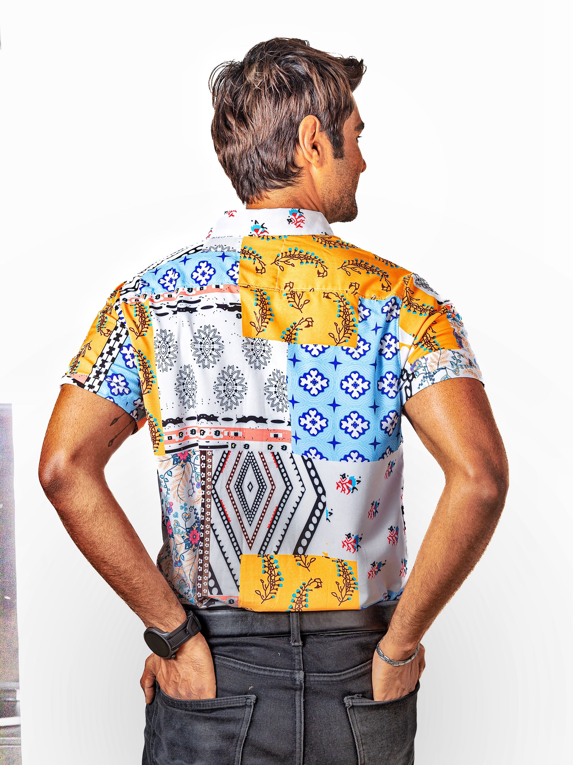 Men's Casual Short-Sleeved White Blue Plaid Shirt