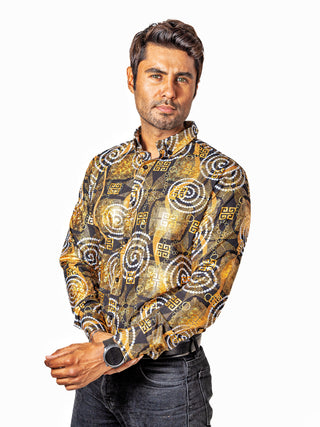 Camisa Hombre Casual Slim Fit Negra Figuras Doradas 008