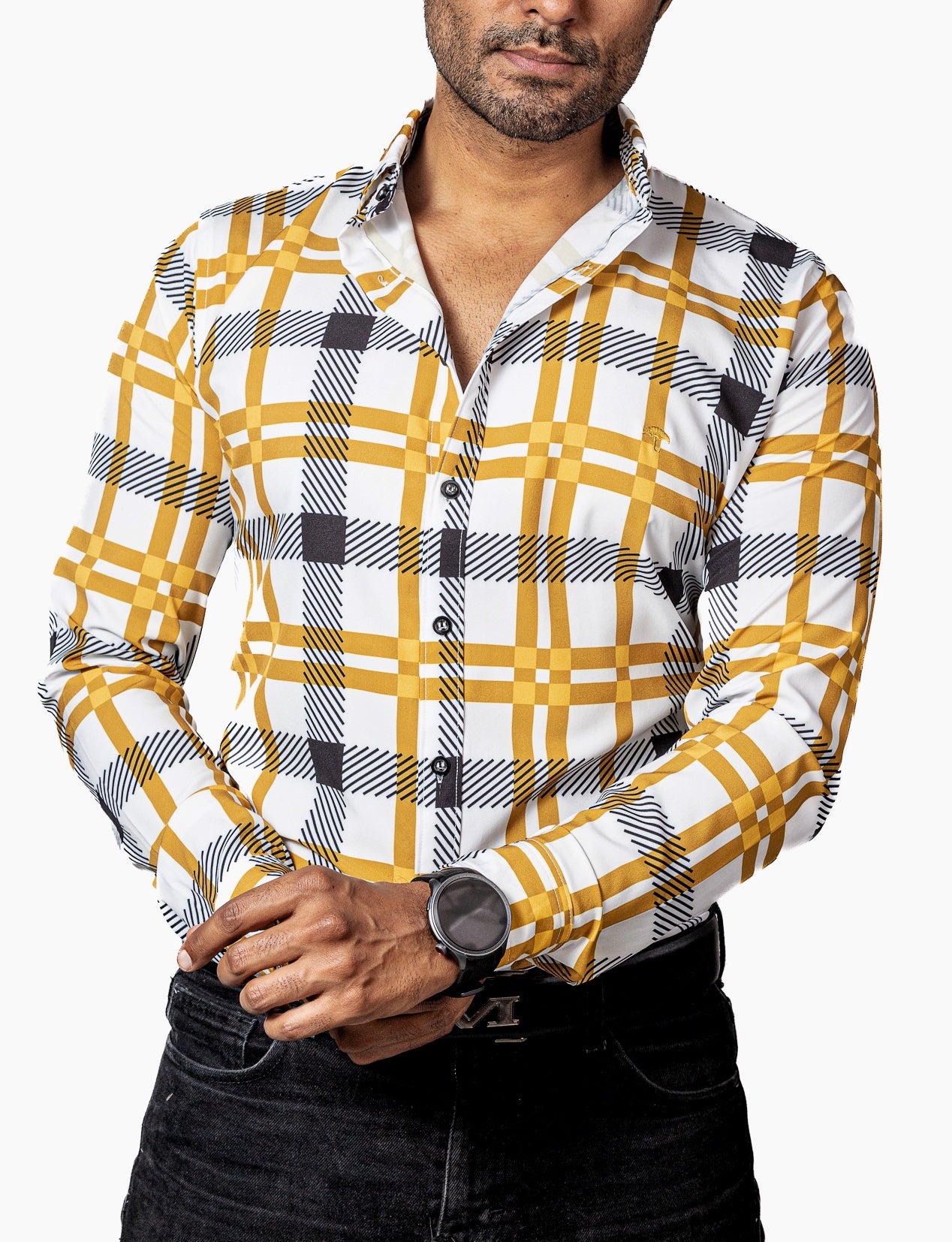 Men's Casual White Shirt with Yellow and Black Stripes