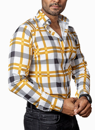 Camisa Hombre Casual Blanca Rayas Amarillas, Negras