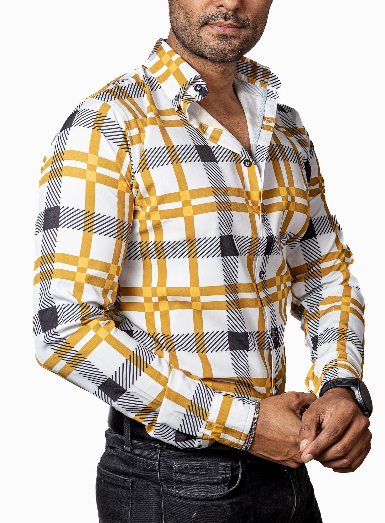 Men's Casual White Shirt with Yellow and Black Stripes