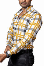 Men's Casual White Shirt with Yellow and Black Stripes