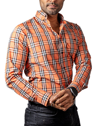 Camisa Hombre Casual Cuadros Naranjas, Blancos, Negros - Tiendas Platino Camisas Hombre 34 (S)