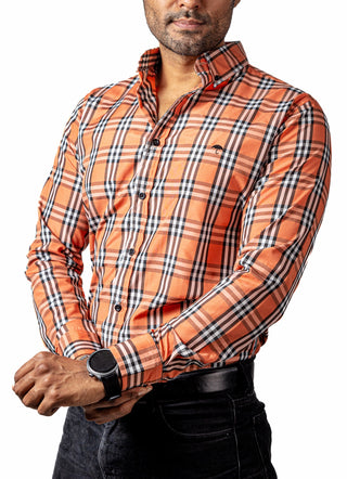 Camisa Hombre Casual Cuadros Naranjas, Blancos, Negros - Tiendas Platino Camisas Hombre 34 (S)