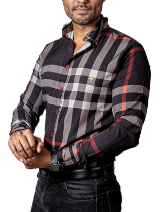 Camisa Hombre Casual Negra Rayas Gris, Rojas