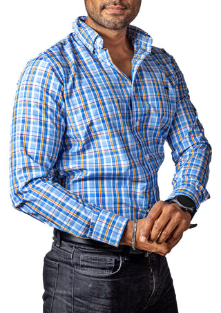 Camisa Hombre Casual Mini Cuadros Azules, Amarillos