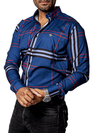 Camisa Hombre Casual Azul Acero Rayas Negras, Blancas, Rojas