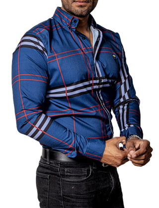 Camisa Hombre Casual Azul Acero Rayas Negras, Blancas, Rojas