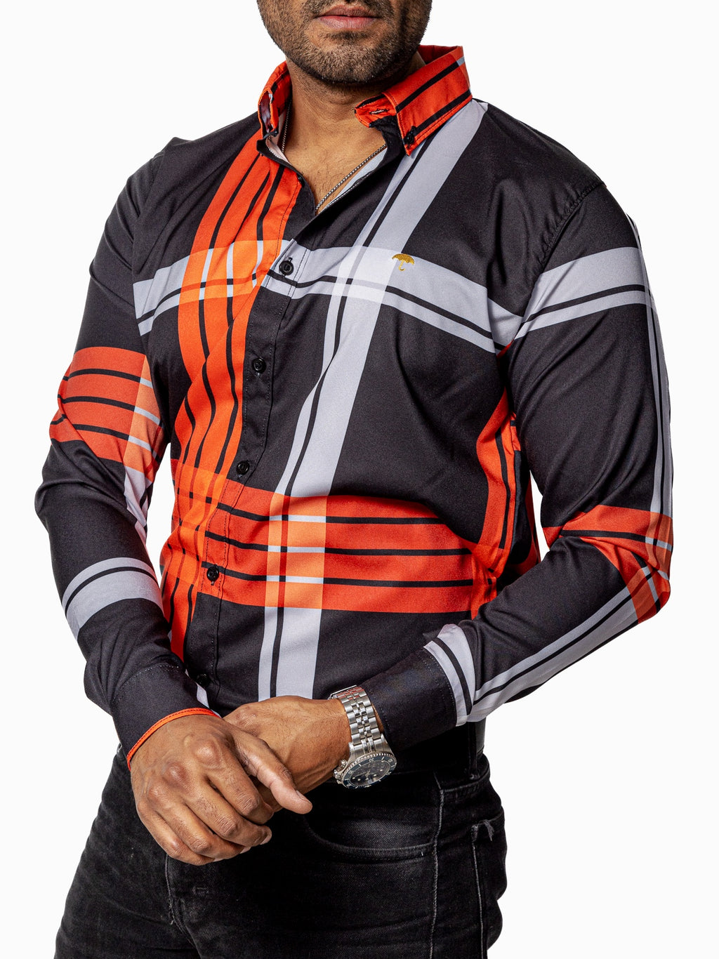Camisa Casual Hombre, Negra Líneas Naranja Y Beige - 34 (S)-Tiendas Platino