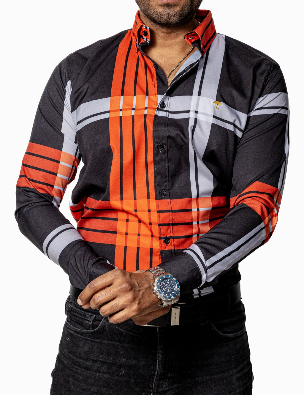 Camisa Casual Hombre, Negra Líneas Naranja Y Beige - 34 (S)-Tiendas Platino