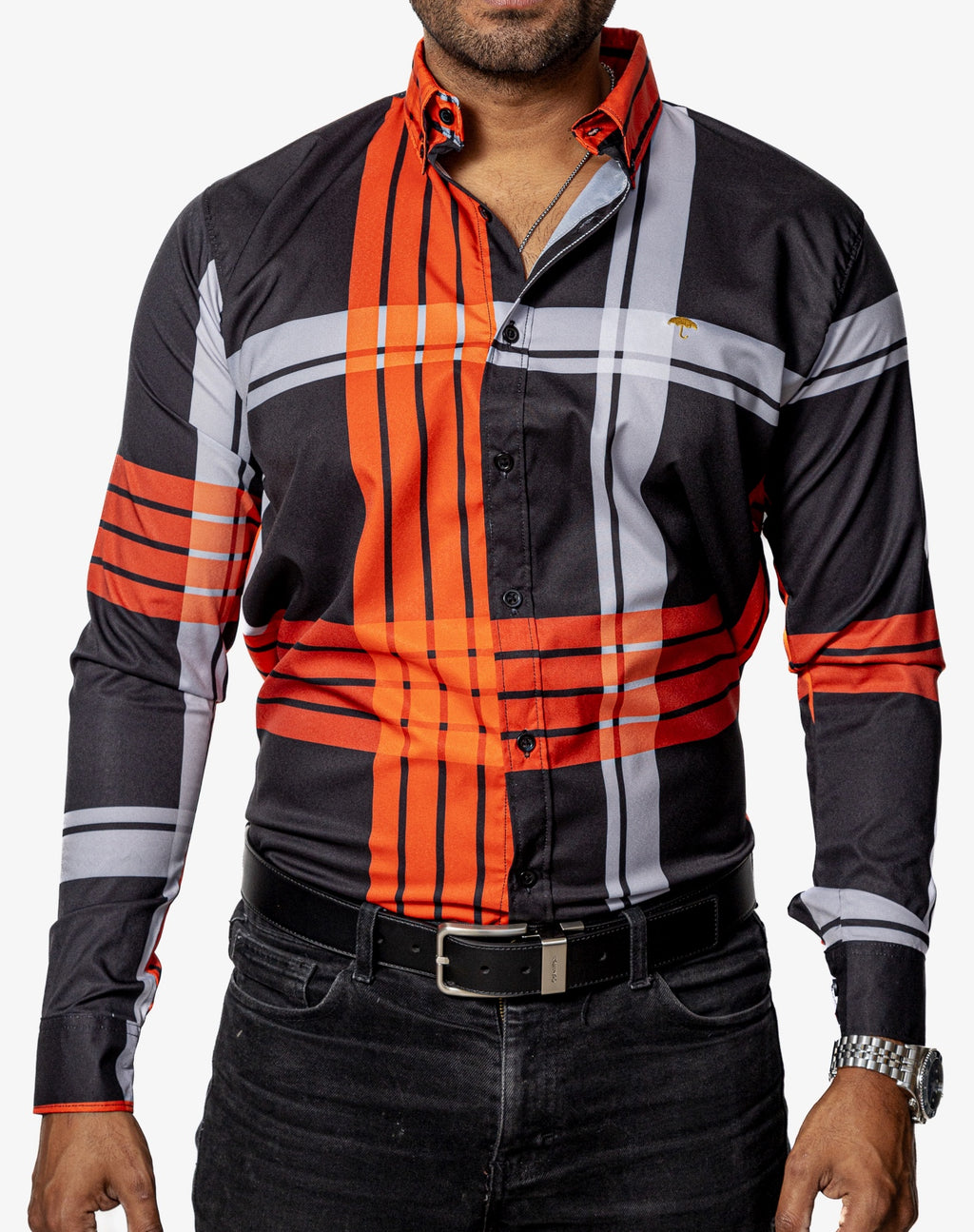 Camisa Casual Hombre, Negra Líneas Naranja Y Beige - 34 (S)-Tiendas Platino
