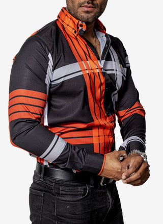 Camisa Casual Hombre, Negra Líneas Naranja Y Beige