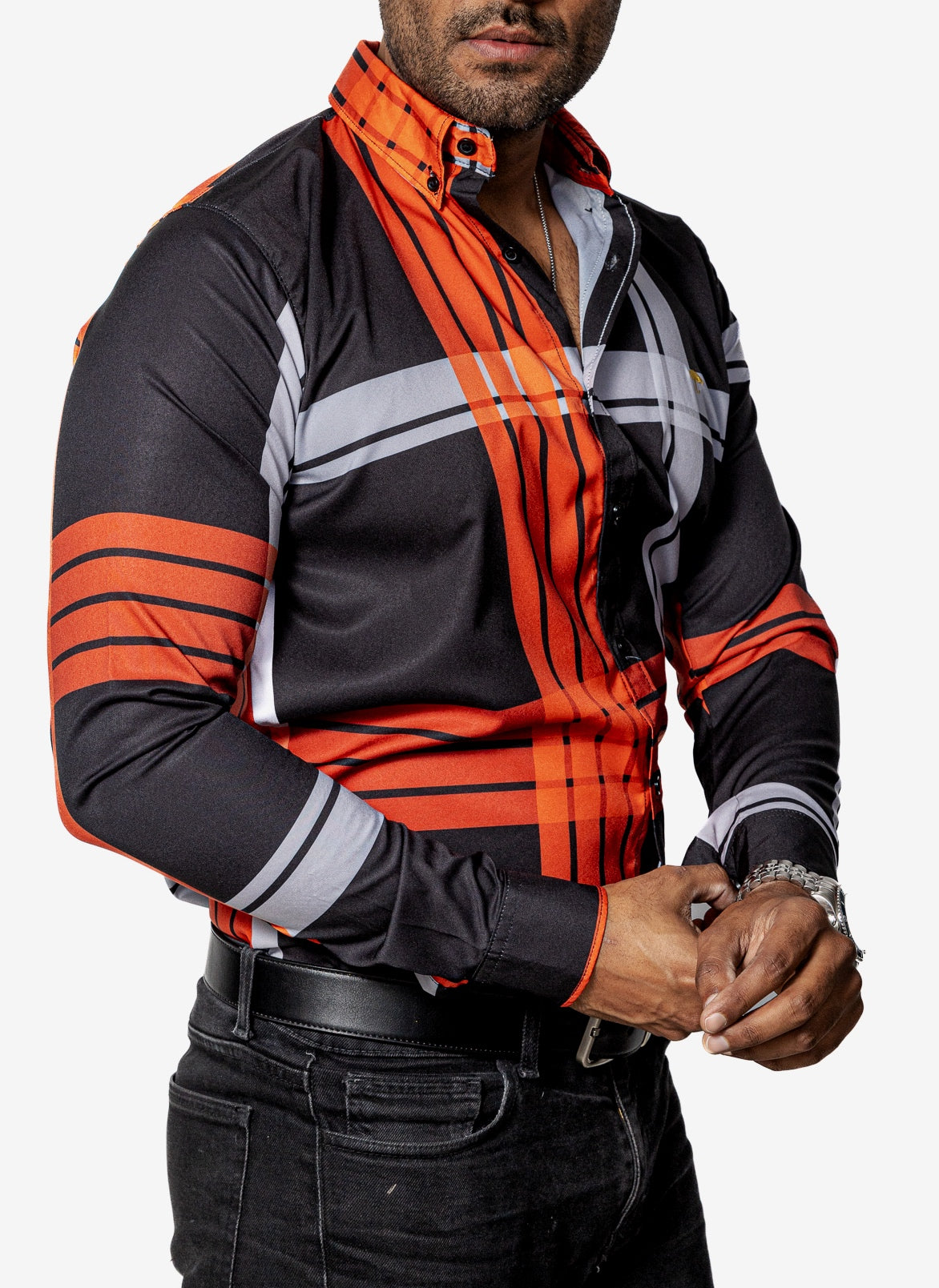 Camisa Casual Hombre, Negra Líneas Naranja Y Beige - 34 (S)-Tiendas Platino