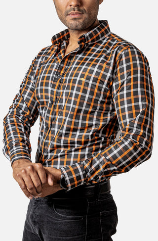 Camisa Hombre Casual Cuadros Negros, Naranja, Blancos