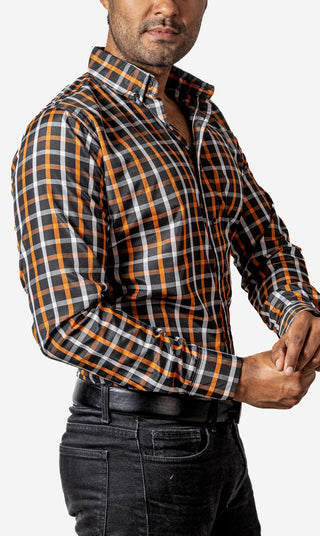 Camisa Hombre Casual Cuadros Negros, Naranja, Blancos