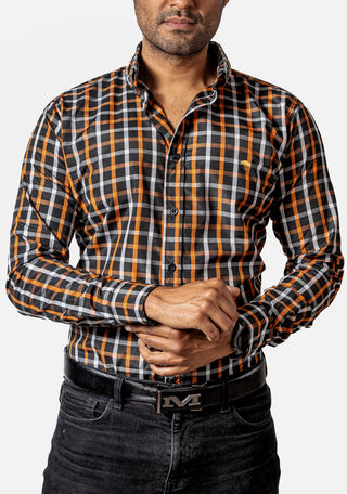 Camisa Hombre Casual Cuadros Negros, Naranja, Blancos